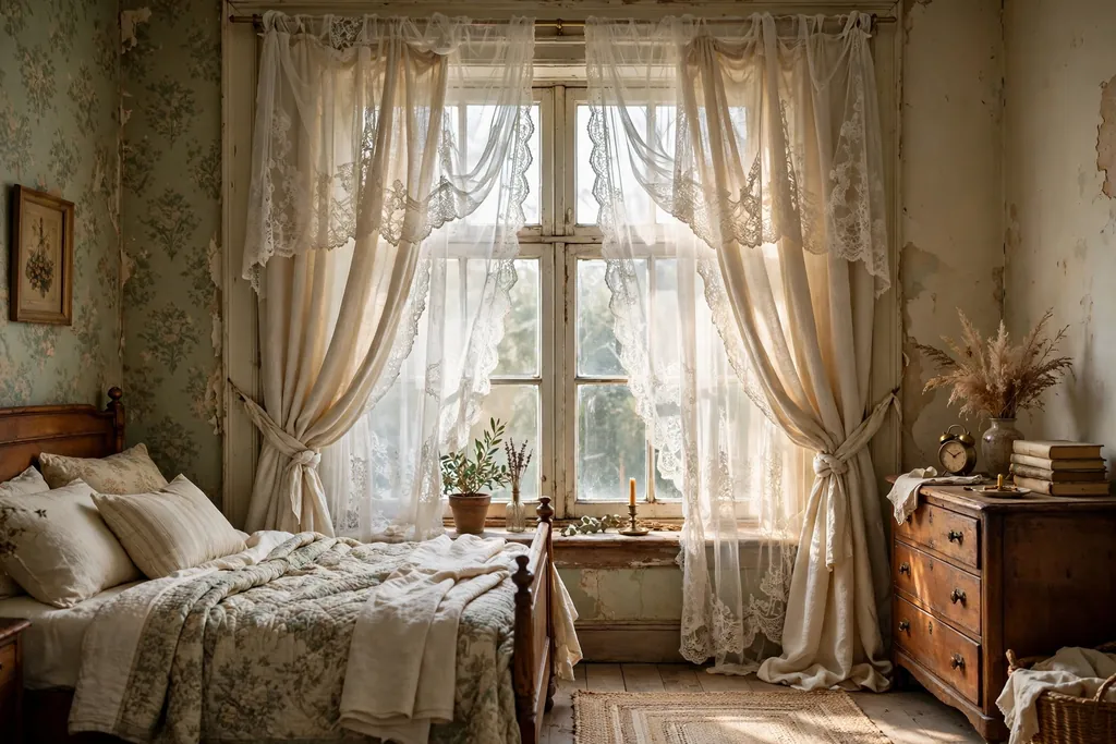 Bedroom window with sheer lace curtains layered over linen drapes.