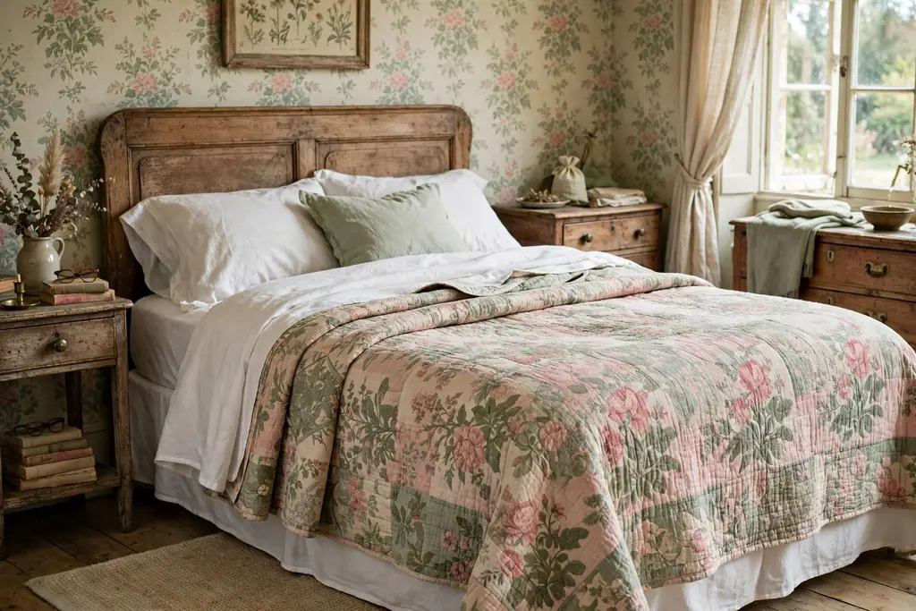 Bed with a vintage floral quilt layered over white sheets.