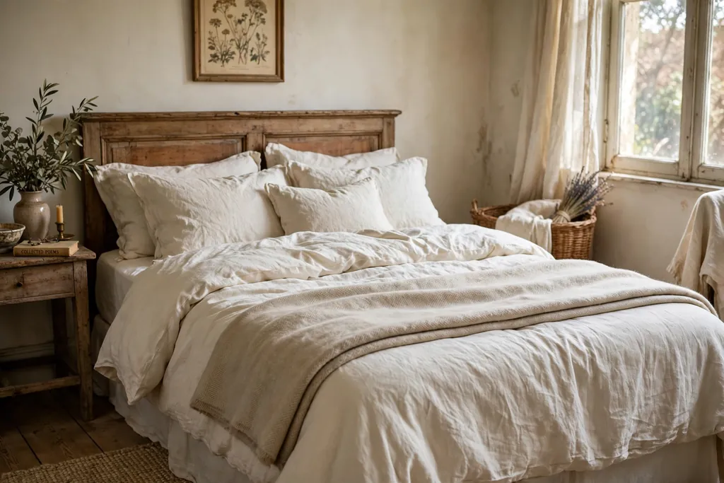Bed dressed in cream washed linen layers with a folded blanket.