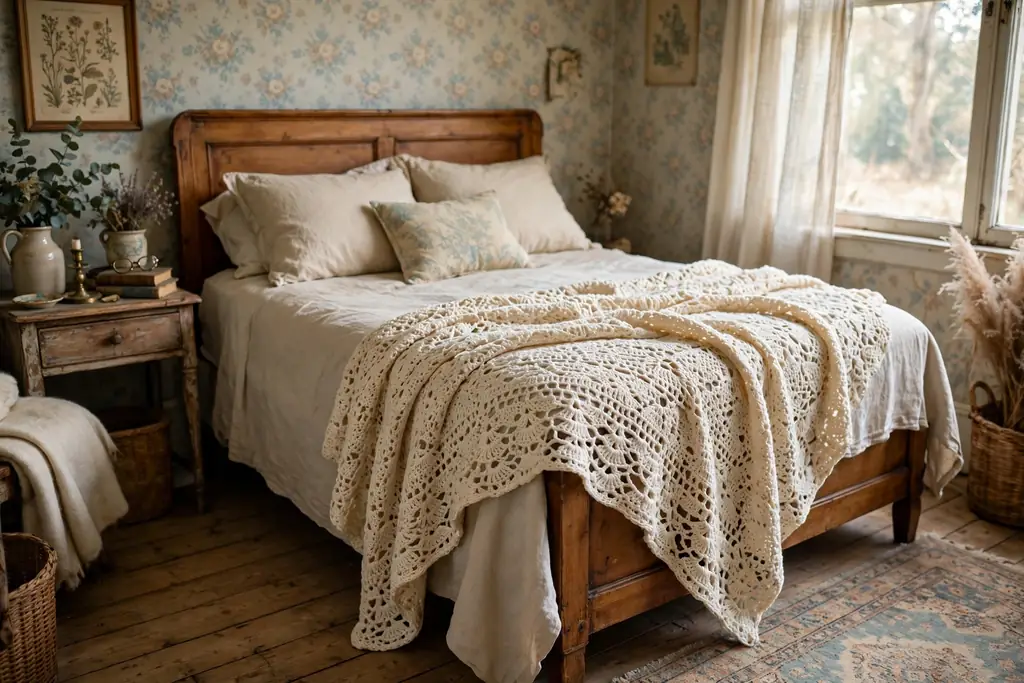 Hand crochet throw in cream draped across the foot of a bed.