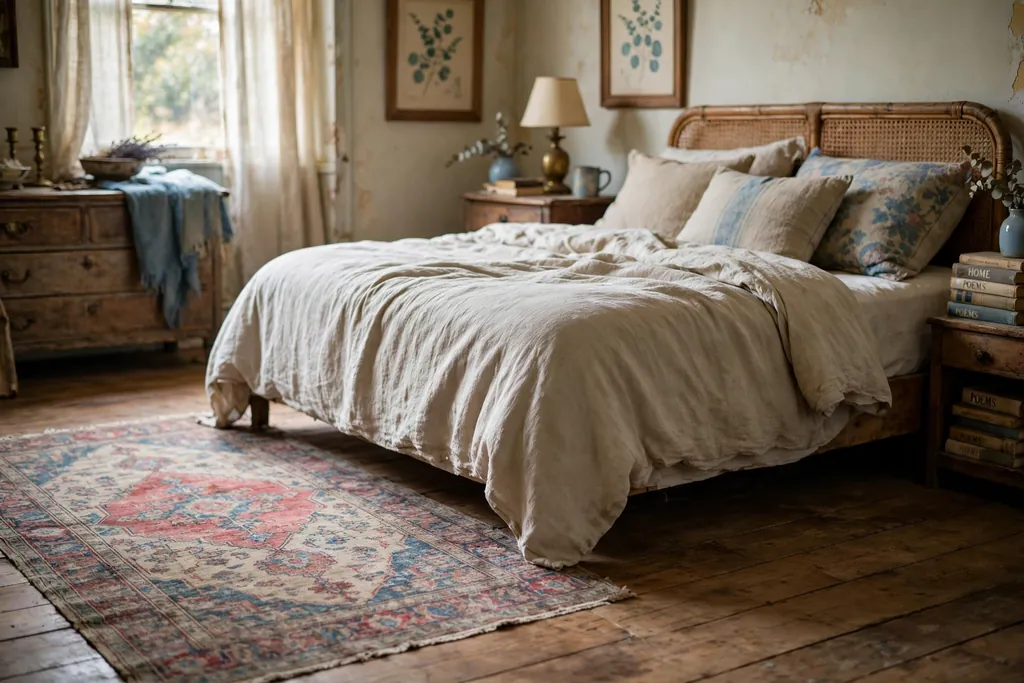 Faded Persian rug beside a bed on a wood floor.