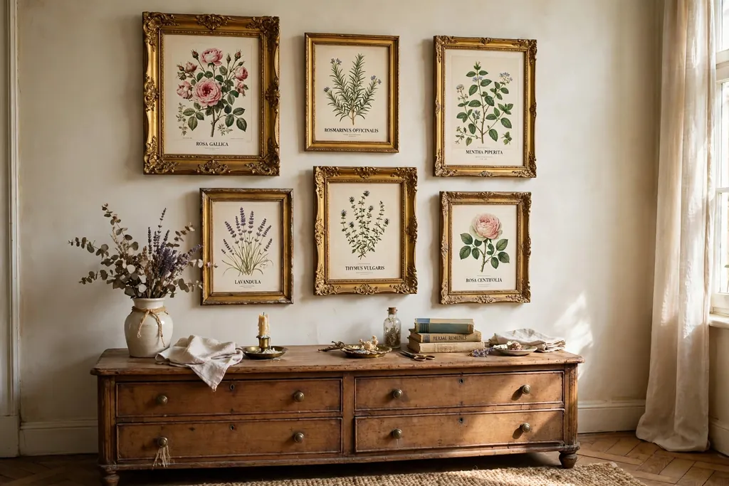 Bedroom wall with botanical prints in gilt frames above a dresser.