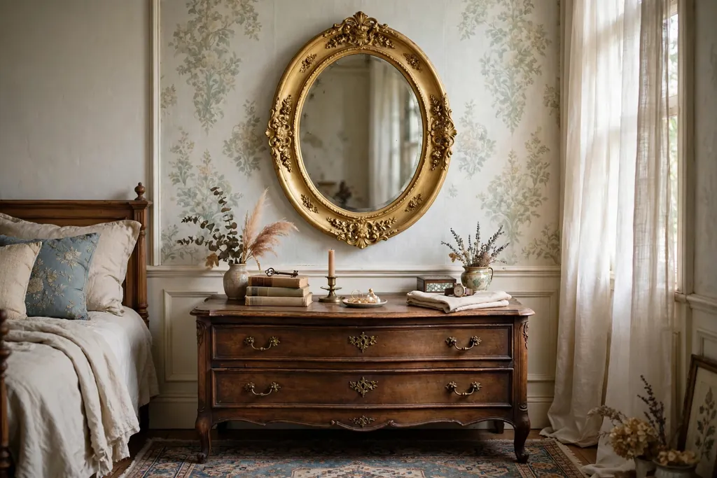 Gilded oval mirror hanging above an antique dresser.
