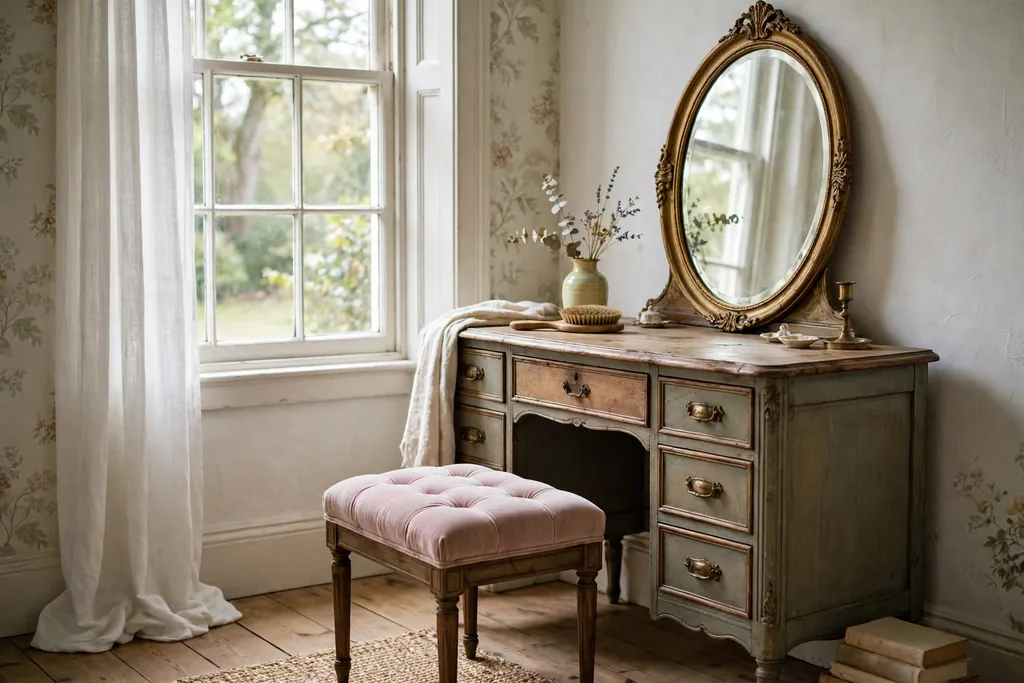 Vintage vanity table with a padded stool beside a bedroom window.