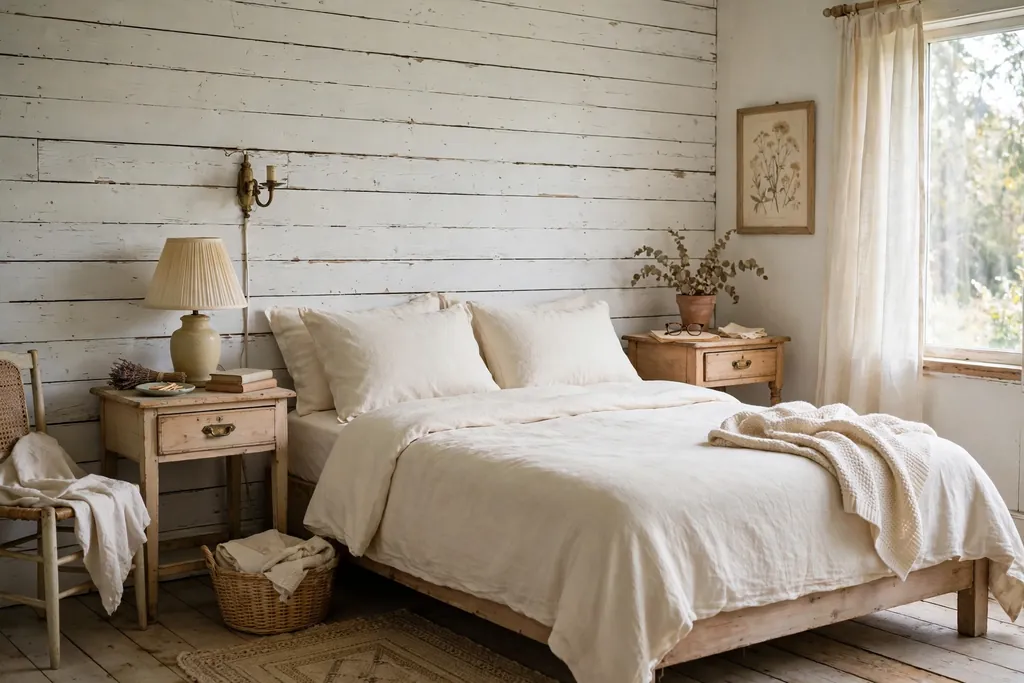 Whitewashed plank wall behind a bed with plain bedding.