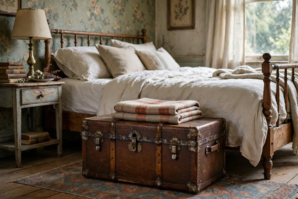 Antique trunk with metal corners at the foot of a bed.