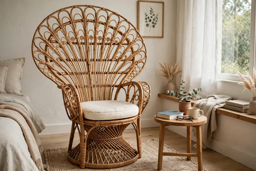 Rattan peacock chair with a cream cushion in a bedroom reading corner.