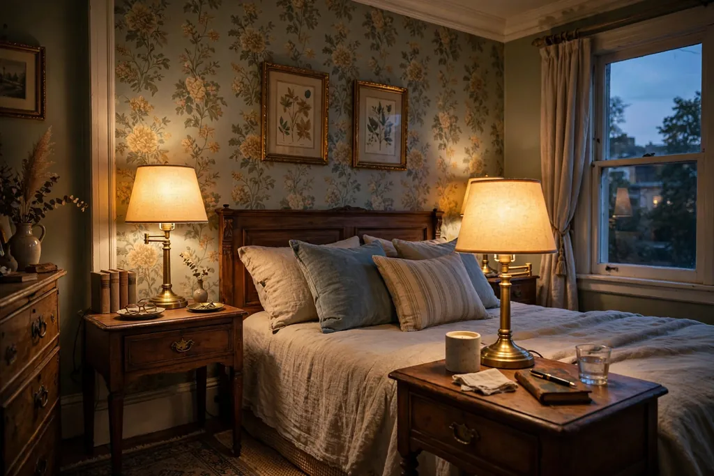 Bedroom nightstands with matching brass table lamps and linen shades.