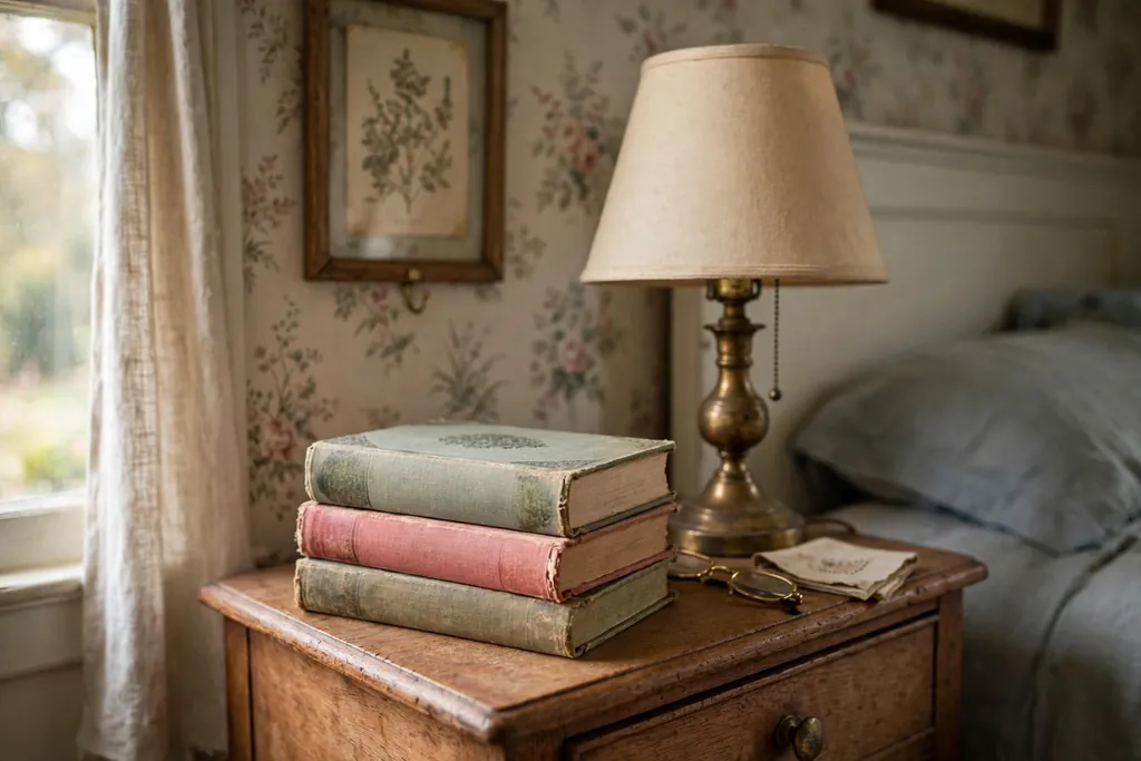 Small stack of clothbound vintage books on a bedroom nightstand.