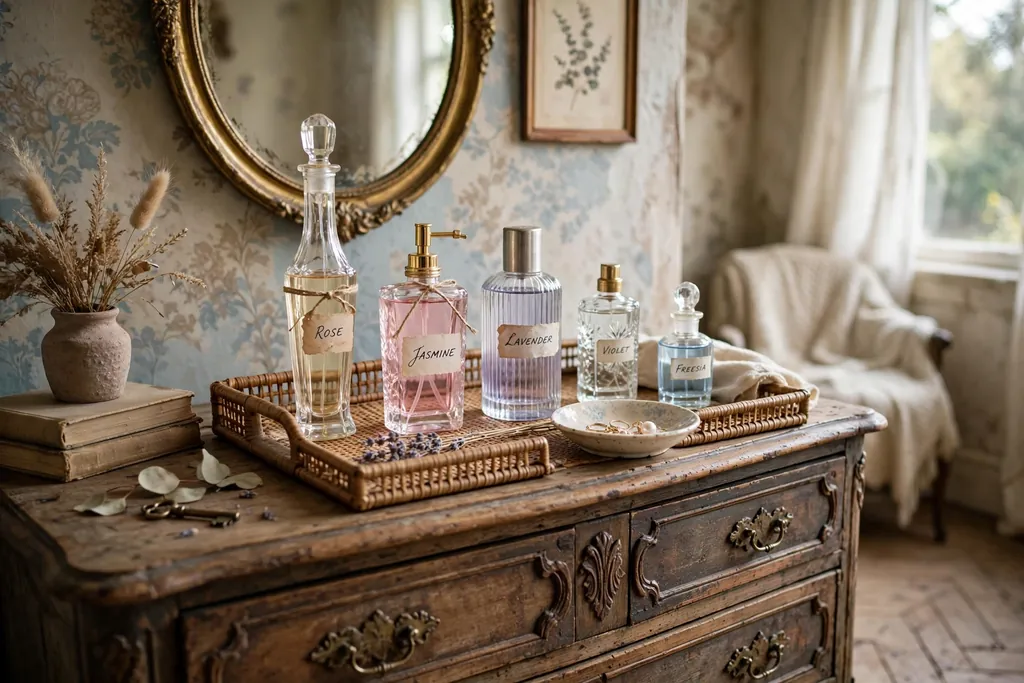 Dresser tray with glass perfume bottles and a small dish.