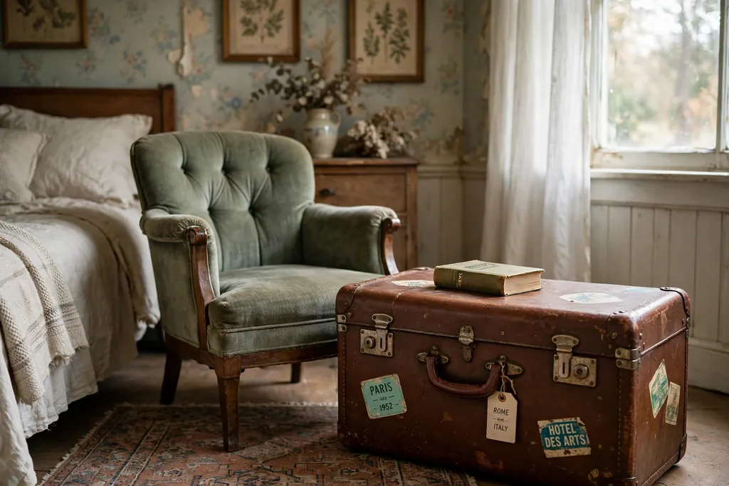 Vintage suitcase used as a side table beside a bedroom chair.