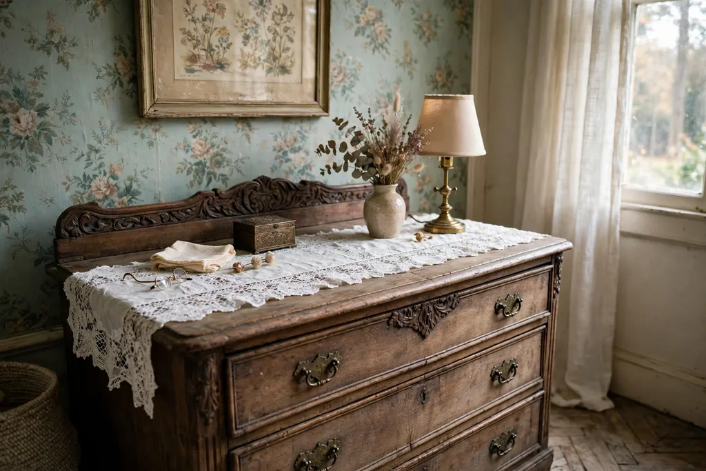 Lace runner on a dresser top under a lamp and a small vase.