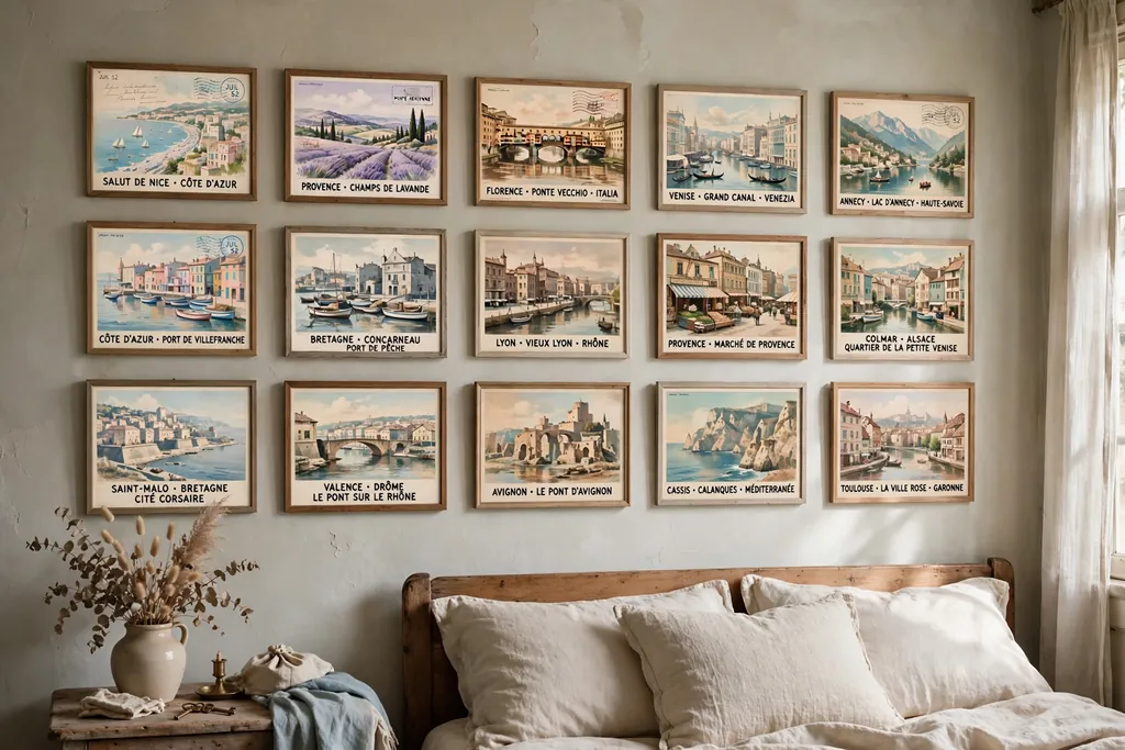 Bedroom wall with framed vintage postcards in slim wood frames.