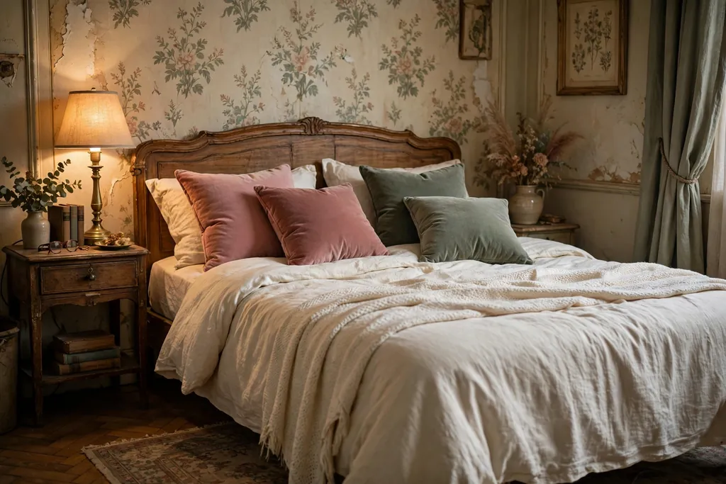 Bed with velvet cushions in dusty rose and sage on cream bedding.