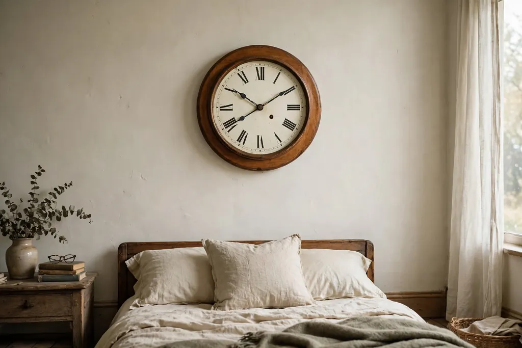 Round vintage wall clock with a cream face on a plain bedroom wall.