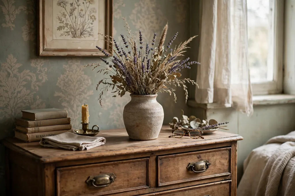 Stoneware vase with dried flowers on a bedroom dresser.