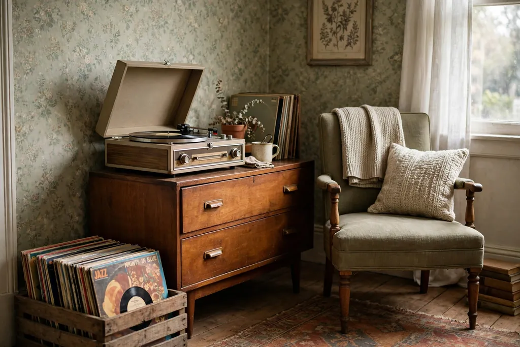 Vintage record player on a low cabinet beside a bedroom chair.