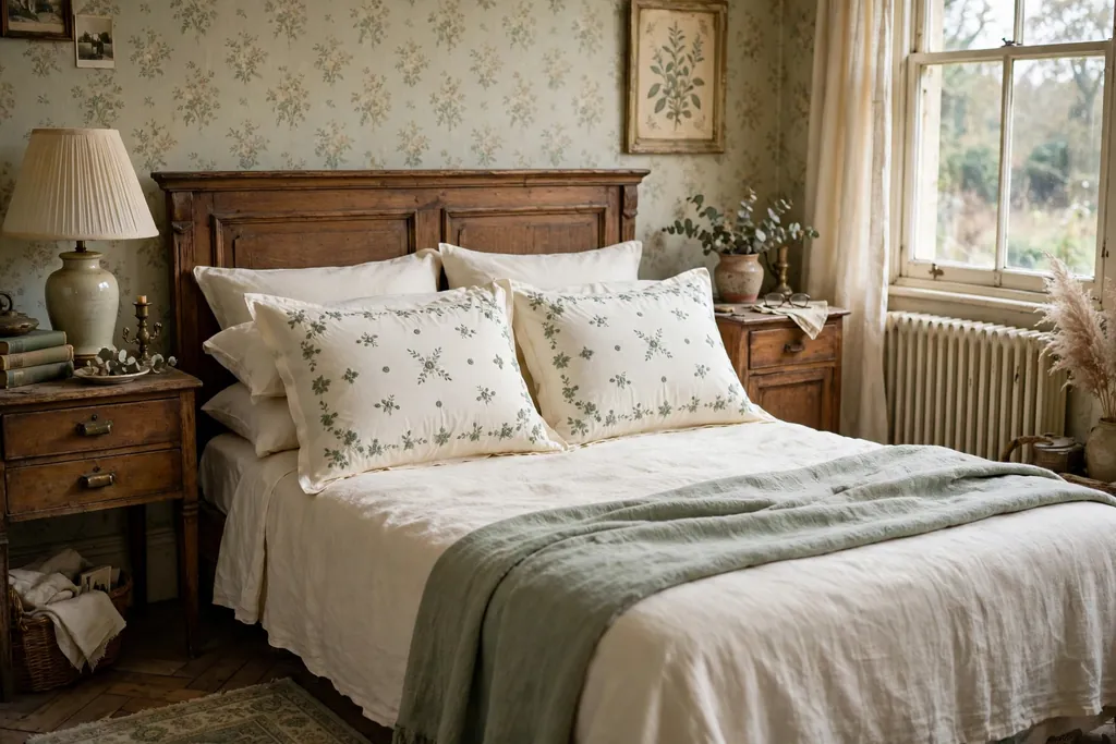 Bed with embroidered pillow shams in cream cotton with a sage stitch.