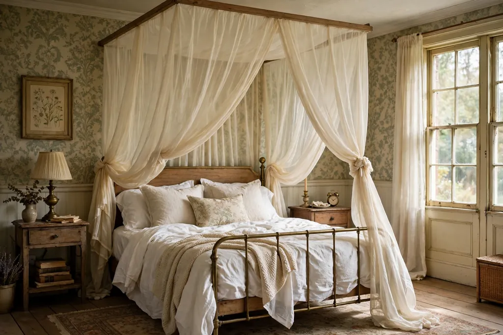 Sheer cream canopy draped from a ceiling frame over a bed.