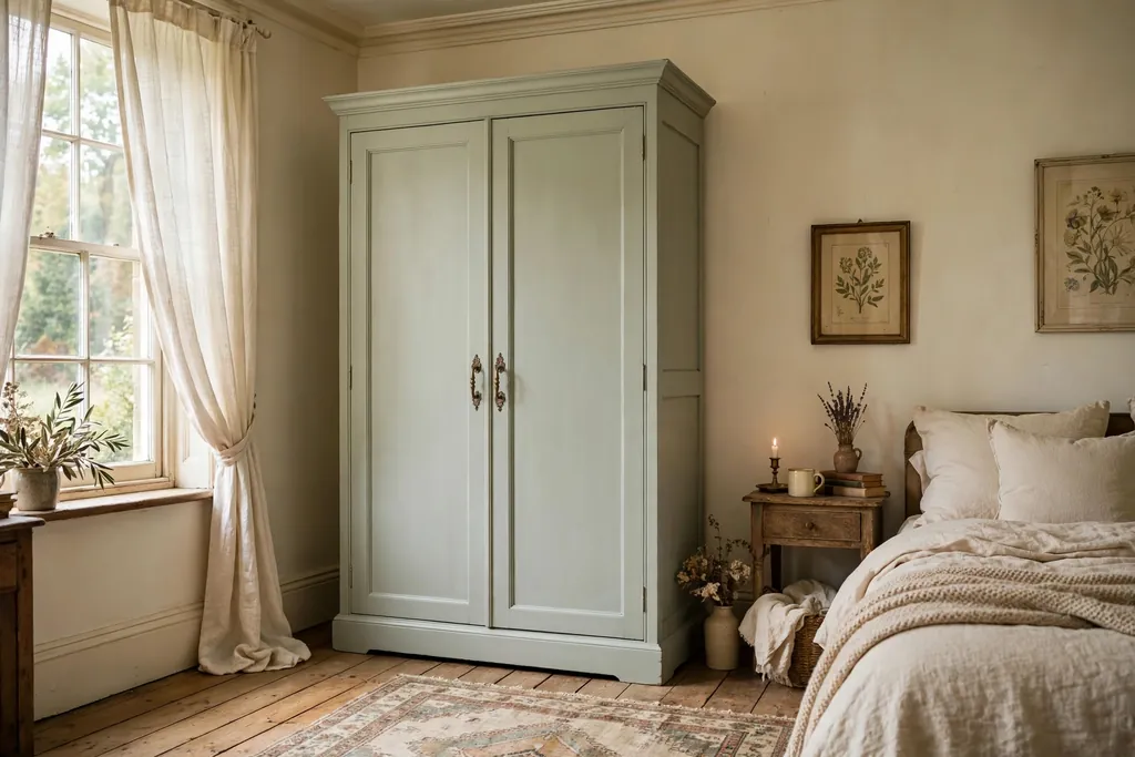 Tall wardrobe painted in soft sage milk paint in a bedroom.