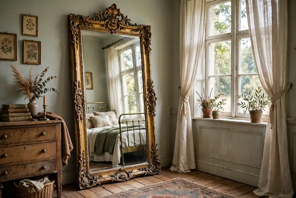 Tall ornate mirror leaning against a bedroom wall opposite a window.