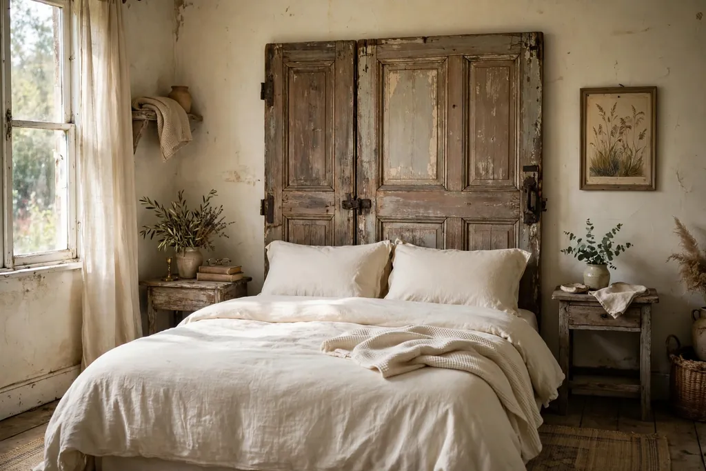 Reclaimed paneled wooden door used as a headboard behind a bed.