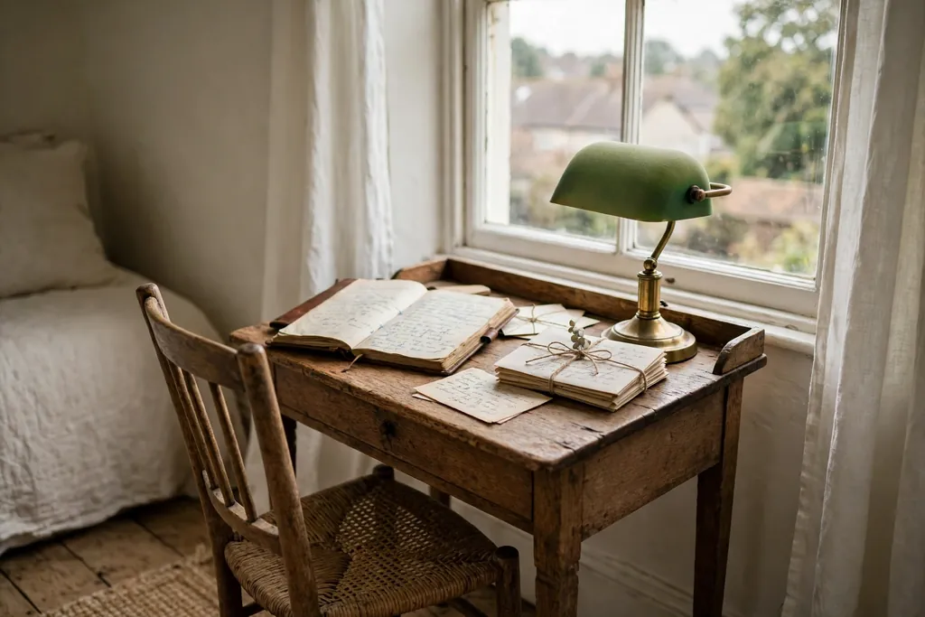 Small vintage writing desk with a journal and letters beside a bedroom window.