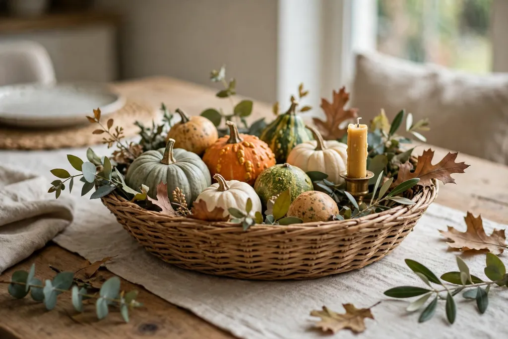 Low woven basket filled with small gourds, leaves, and a short candle in a holder on a dining table.