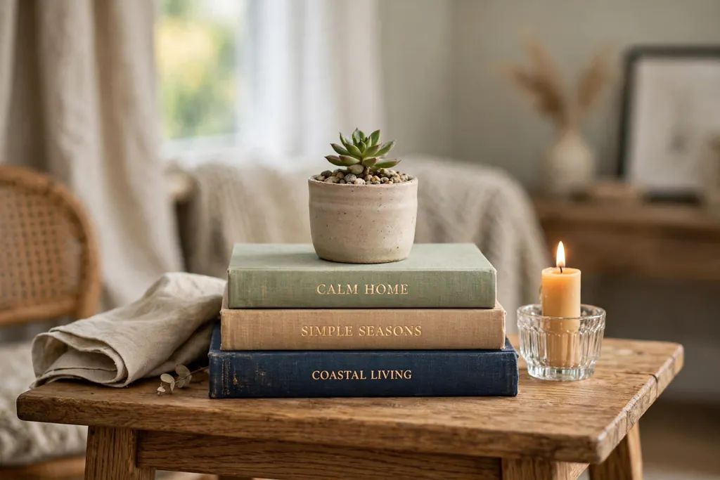 Stack of books topped with a small potted plant and a short candle in a holder on a small dining table.