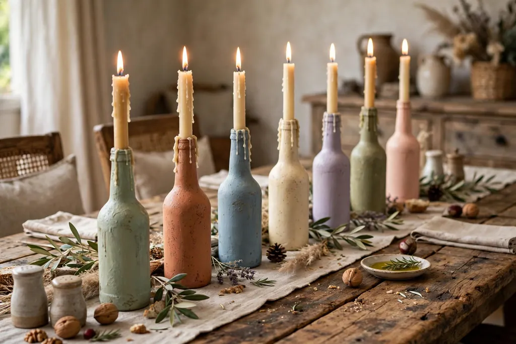 Painted glass bottles used as candle holders with taper candles down the center of a rustic dining table.