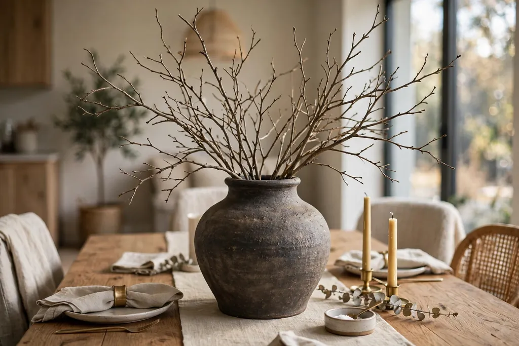Bare branches standing in a heavy vase as a centerpiece on a dining table.