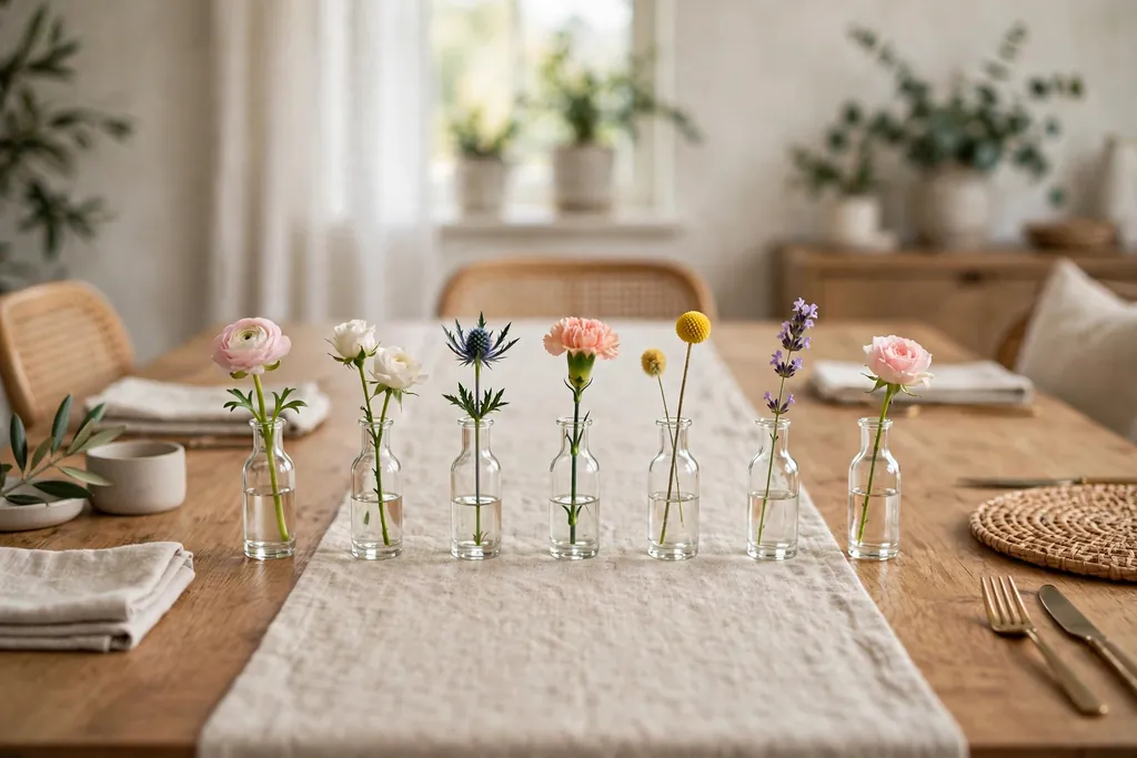 Small bud vases each holding one short flower stem in a row down the center of a dining table.