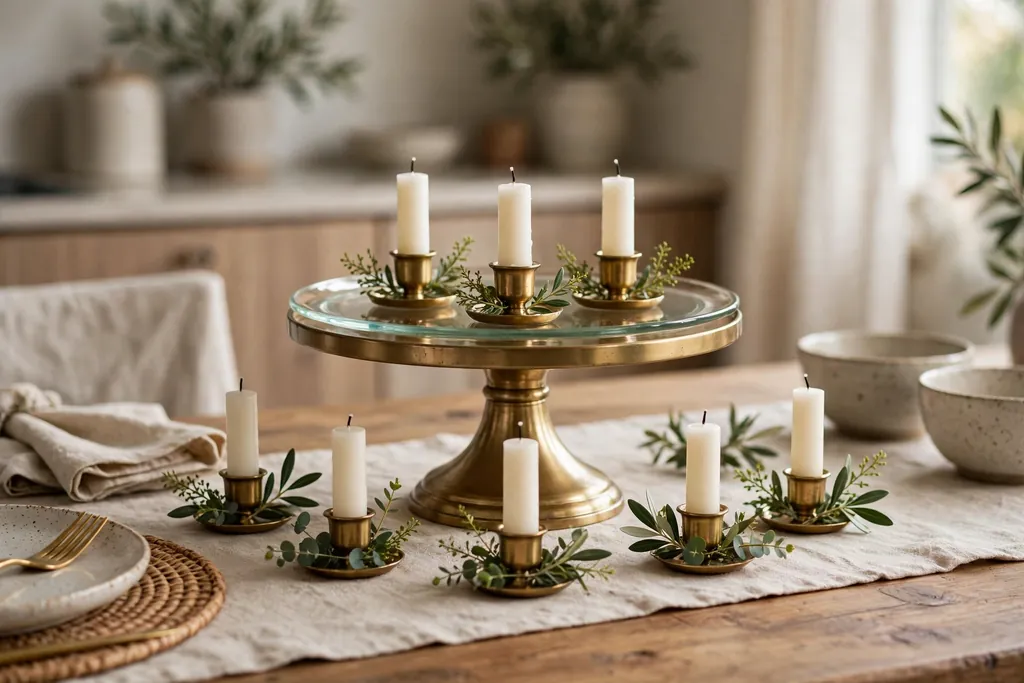 Cake stand with short candles in holders and short greenery sprigs around their bases on a dining table.