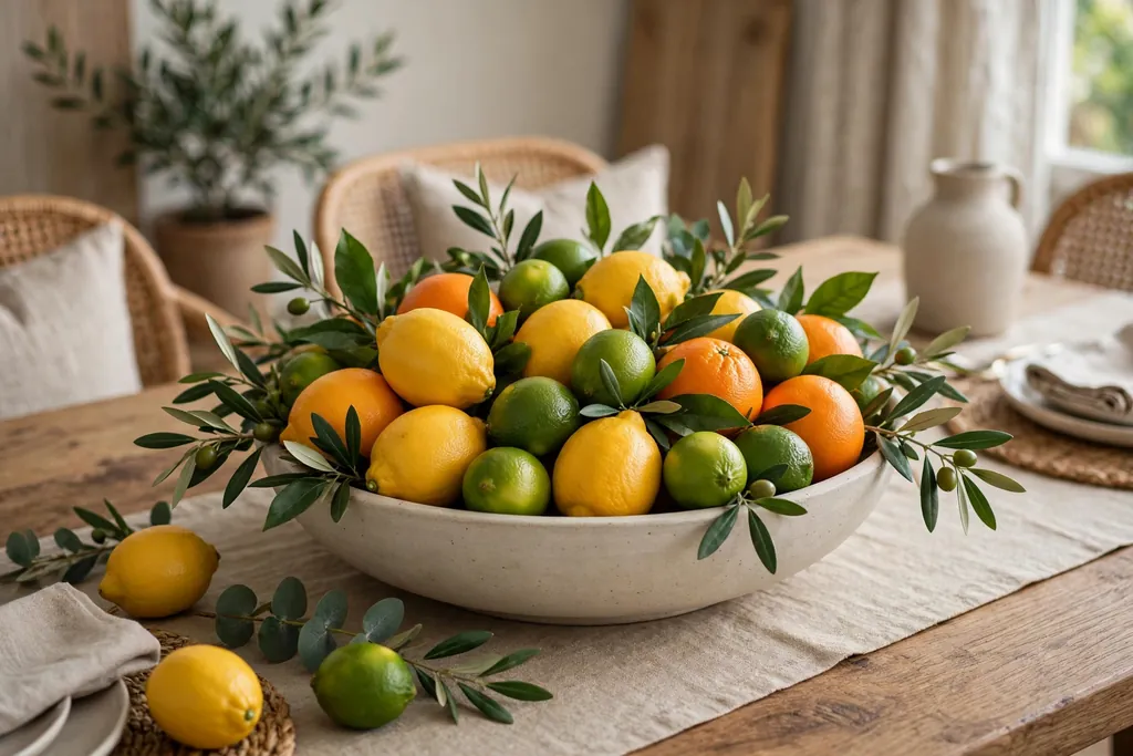 Wide shallow bowl filled with lemons, limes, and oranges with green leaves as a centerpiece on a dining table.