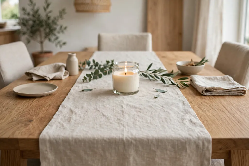 Plain linen fabric runner down the center of a dining table with a low jar centerpiece on top.