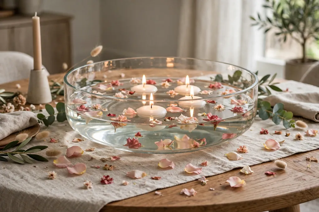 Wide shallow glass bowl of water with floating candles and scattered petals on a round dining table.