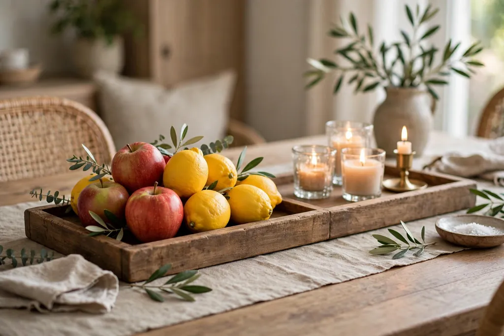 Tray with apples and lemons on one side and short candles in holders on the other side down the center of a dining table.