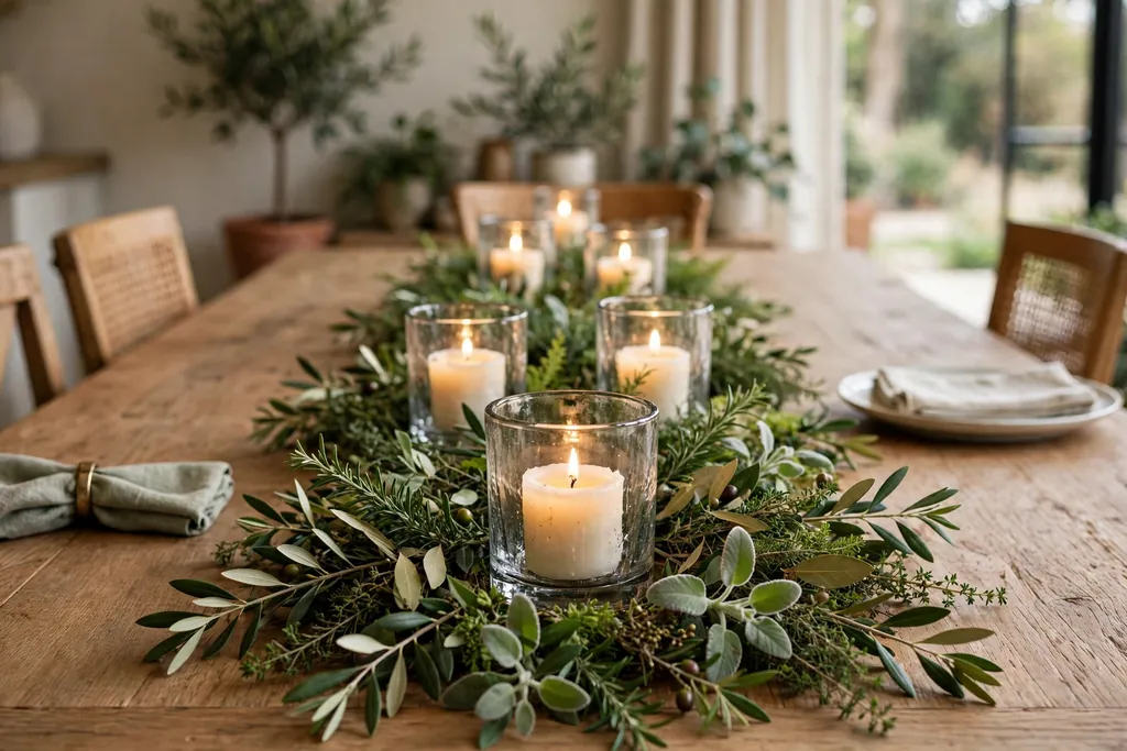 Low runner of garden greenery with short candles in heavy holders down the center of a long dining table.