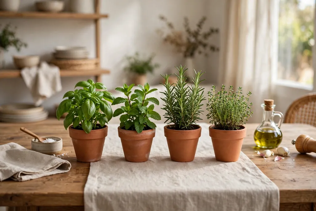 Small terracotta pots of basil, mint, rosemary, and thyme grouped down the center of a dining table.