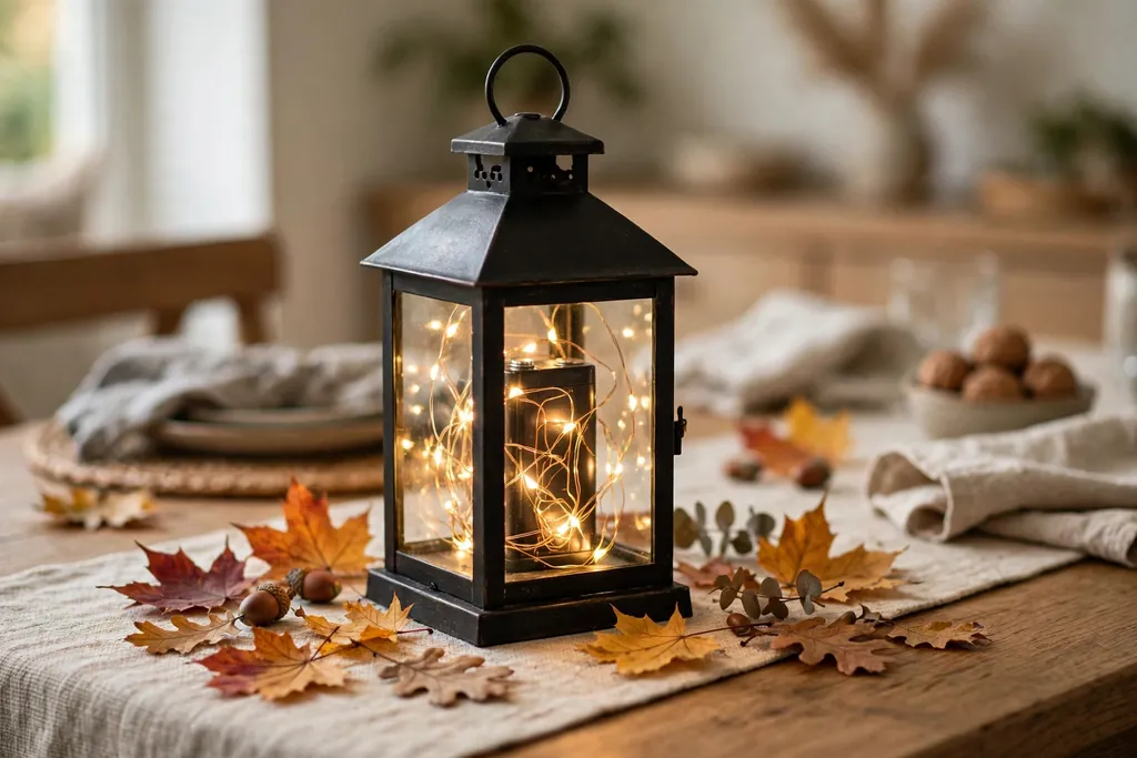 Lantern with battery fairy lights inside and scattered leaves around its base on a dining table.