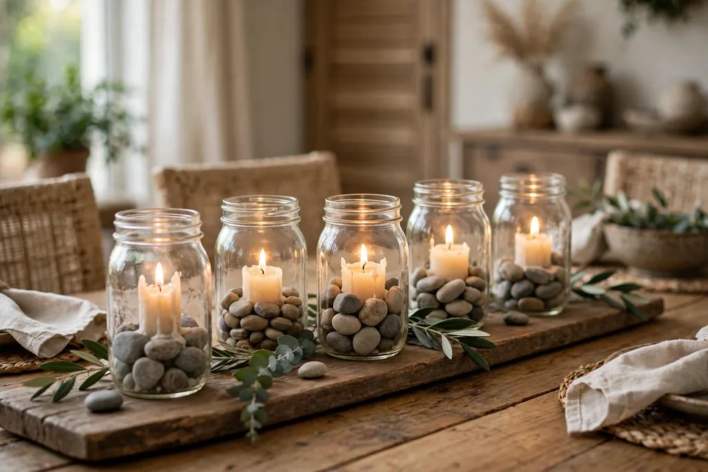 Mason jars with short candles and stones in the bottom set on a long wood board down the center of a dining table.
