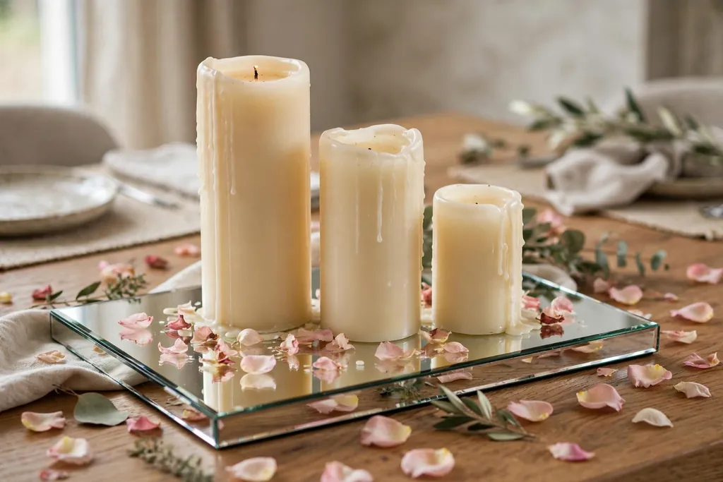 Pillar candles of different heights on a mirrored tray with scattered petals on a dining table.