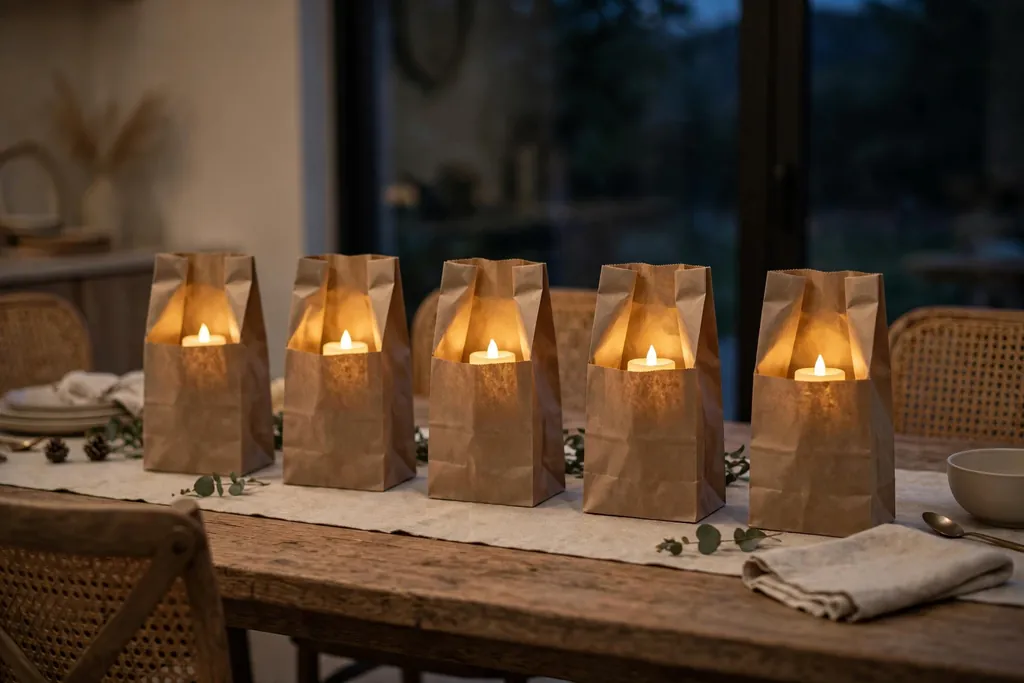 Plain paper bags folded down with battery candles glowing inside set down the center of a dining table in the evening.