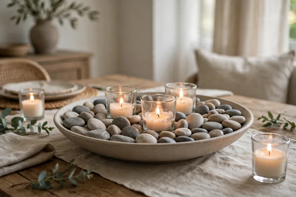 Wide shallow bowl of smooth pebbles with short candles in glass holders on a dining table.