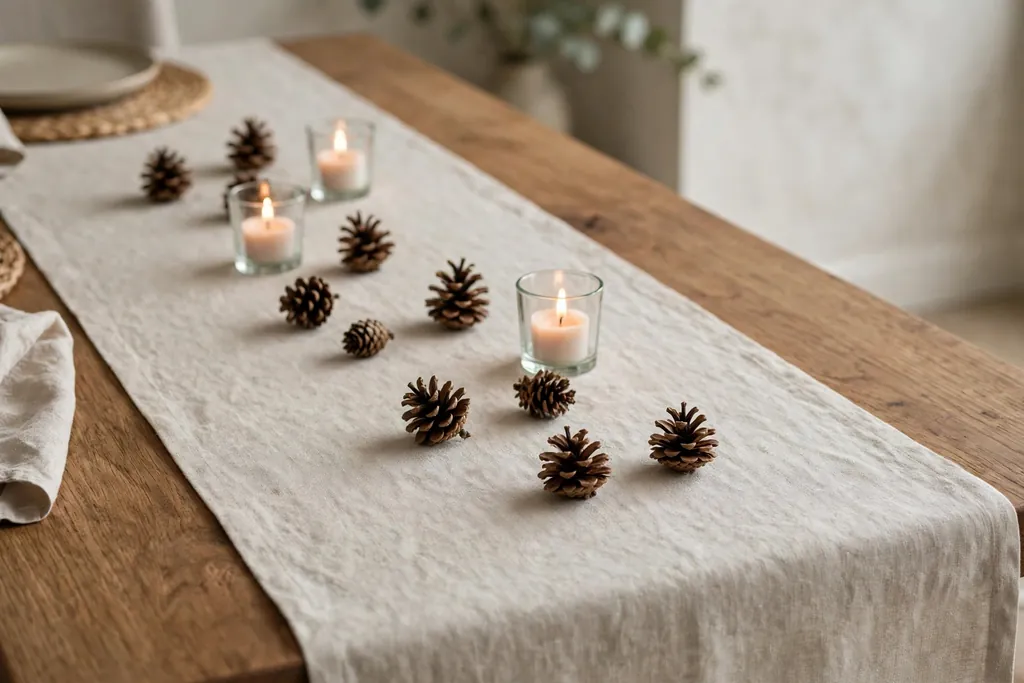 Plain runner with a light scatter of pinecones and short candles in glass holders on a dining table.