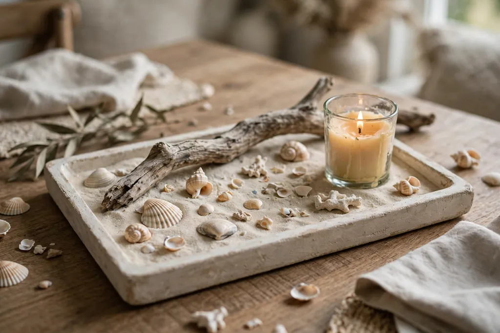 Shallow tray with sand, shells, driftwood, and a short candle in a glass holder on a dining table.