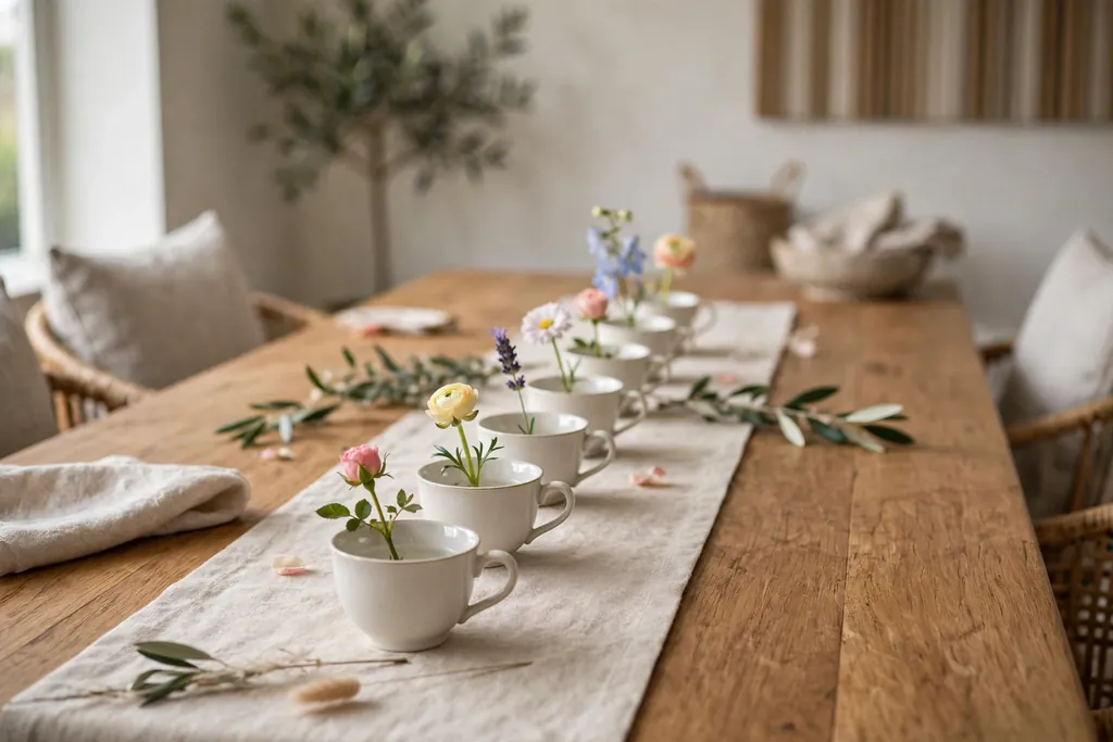 Small teacups each holding one short flower stem in a row down the center of a dining table.
