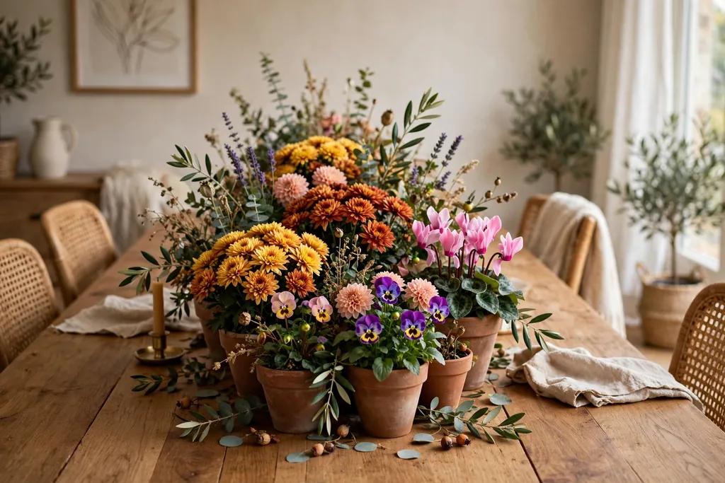Terracotta pots of seasonal flowers grouped down the center of a dining table.
