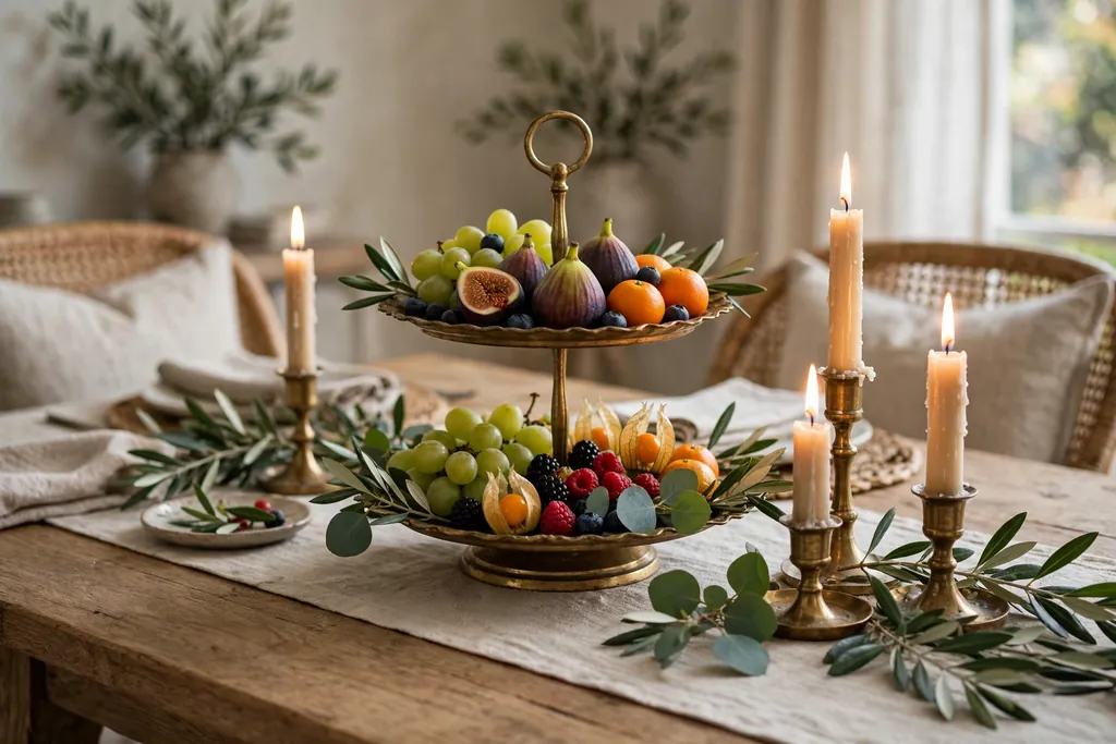 Two tier stand with small fruit, candles in holders, and leaves at the end of a dining table.