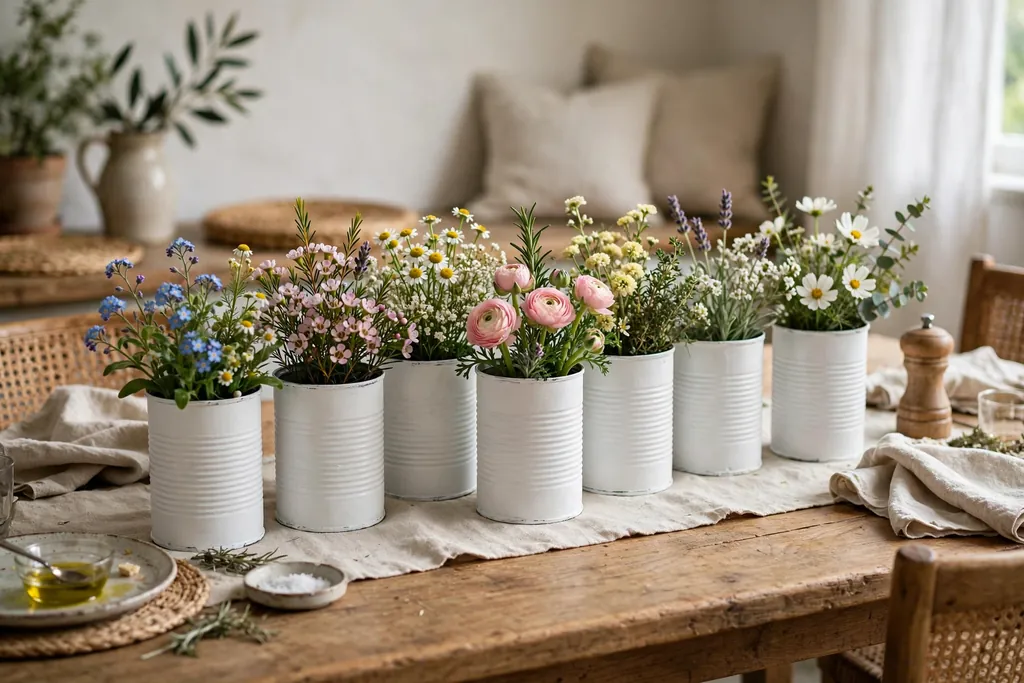 Painted tin cans in white filled with short garden flowers set down the center of a casual dining table.
